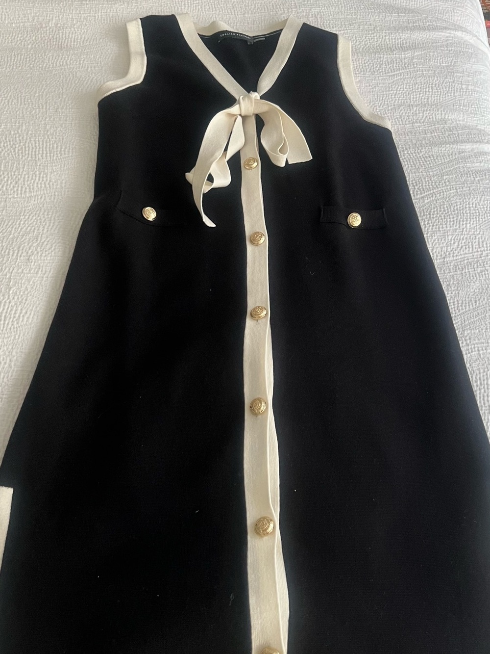 English Factory Black Sleeveless Coat Dress with Cream Trim